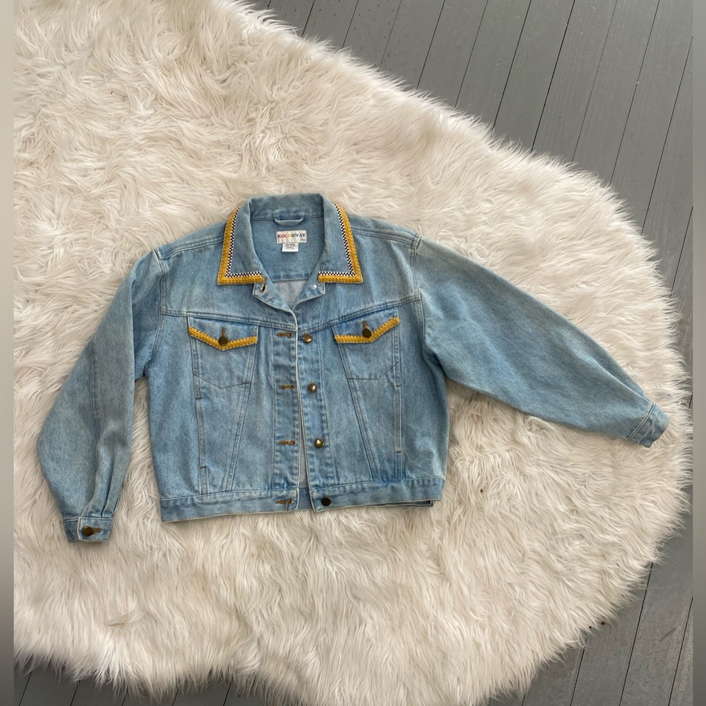 Vintage 90s jacket womens small‎ blue Jean denim jacket checkered made in USA